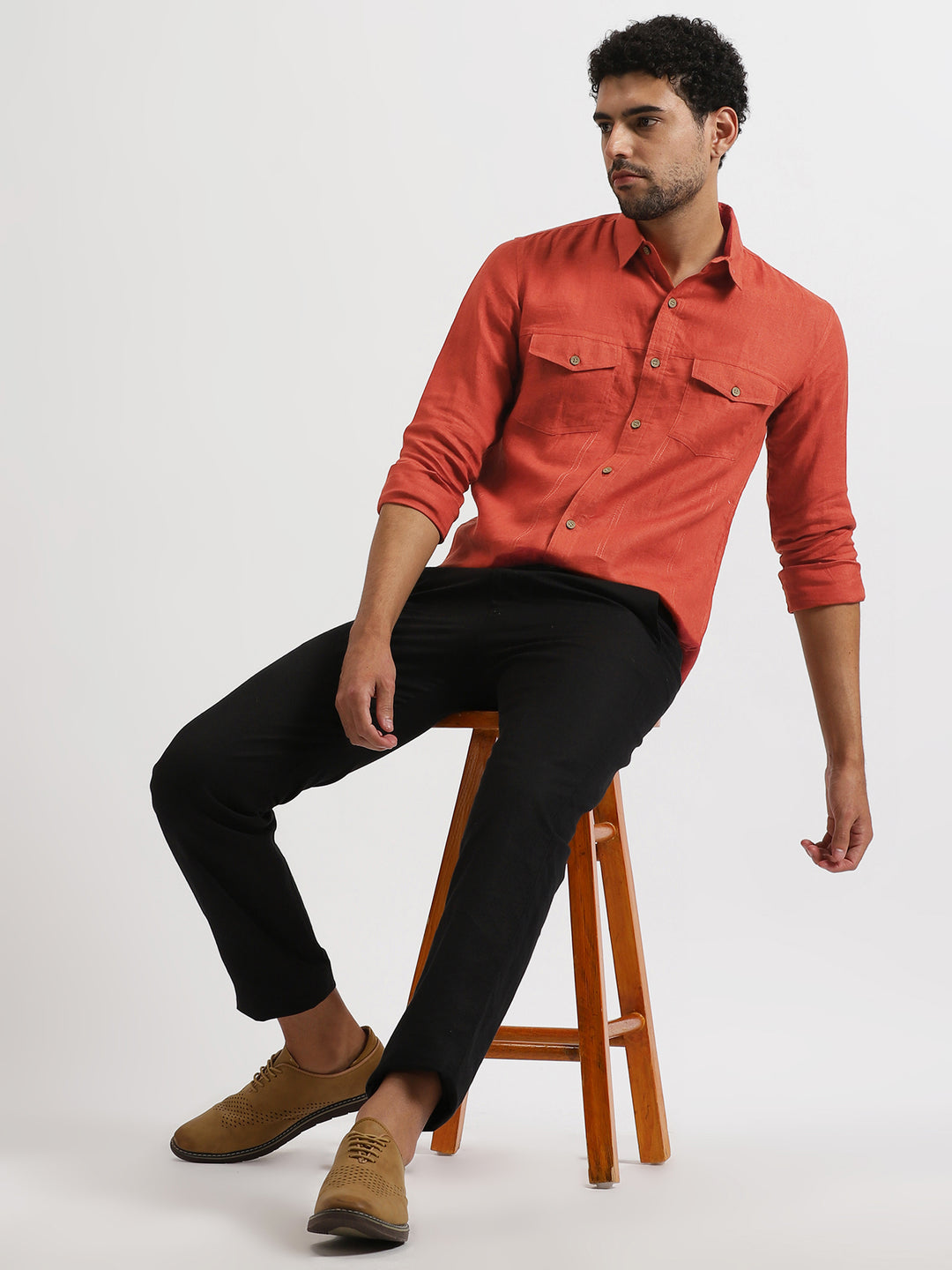 Sunset Spice Look | Thomas Double Pocket Saffron Red Shirt & Pure Black Trousers
