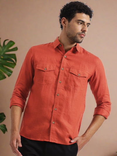 Thomas - Men's Pure Linen Double Pocket Full Sleeve Shirt - Saffron Red