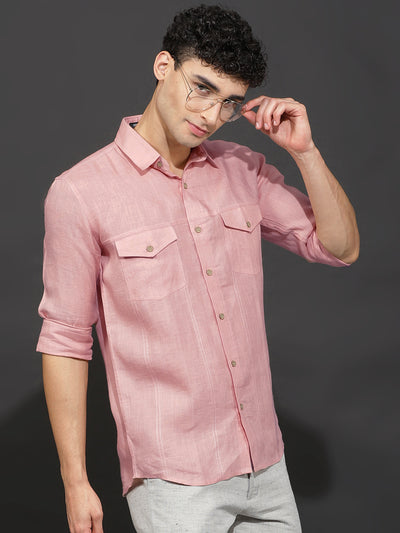 Thomas - Men's Pure Linen Double Pocket Full Sleeve Shirt - Salmon Pink