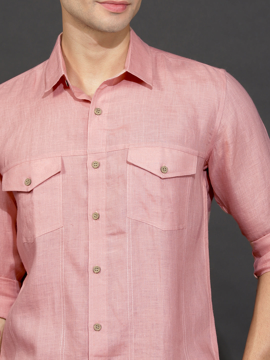 Thomas - Men's Pure Linen Double Pocket Full Sleeve Shirt - Salmon Pink