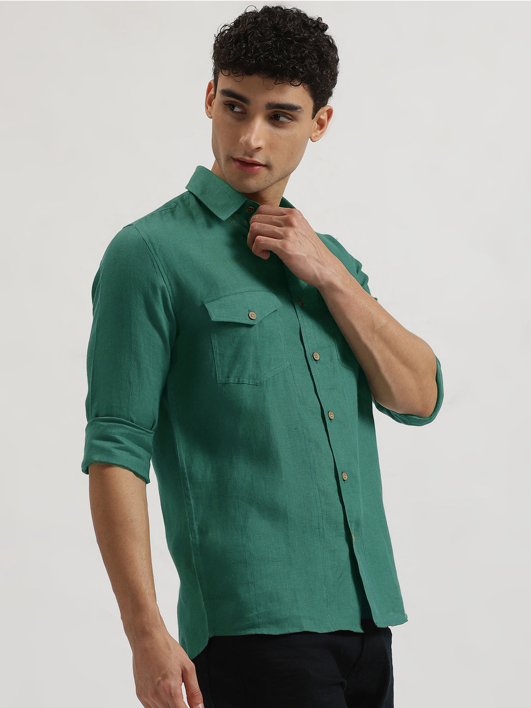 Thomas - Pure Linen Double Pocket Full Sleeve Shirt - Teal Green