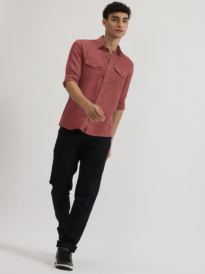 Thomas - Men's Pure Linen Double Pocket Full Sleeve Shirt - Terracotta Red