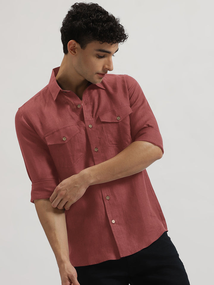 Thomas - Men's Pure Linen Double Pocket Full Sleeve Shirt - Terracotta Red