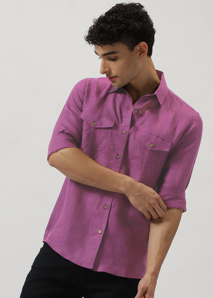 Thomas - Men's Pure Linen Double Pocket Full Sleeve Shirt - Berry Purple