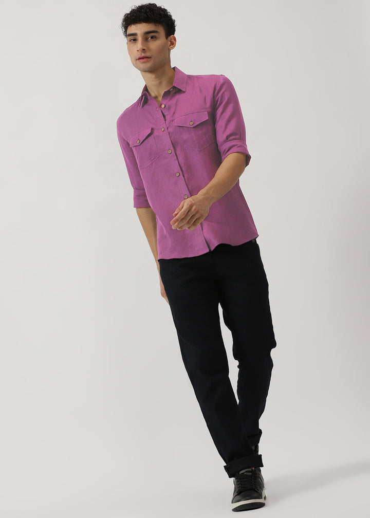Thomas - Men's Pure Linen Double Pocket Full Sleeve Shirt - Berry Purple