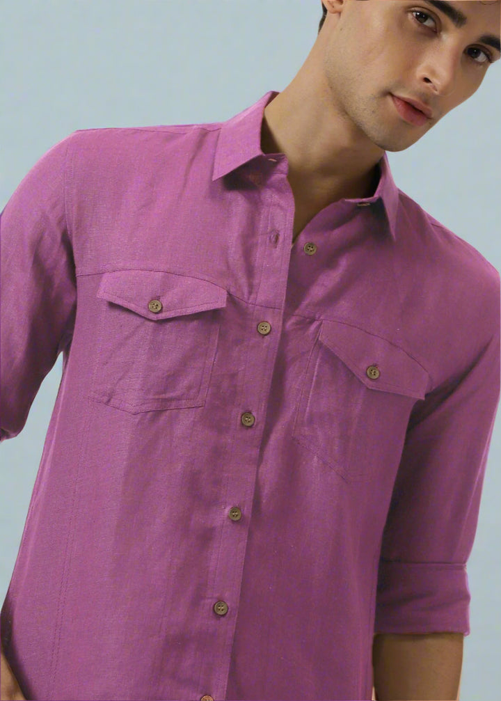Thomas - Men's Pure Linen Double Pocket Full Sleeve Shirt - Berry Purple