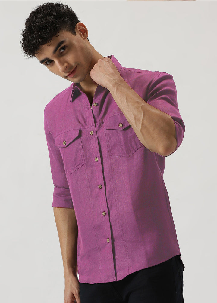 Thomas - Men's Pure Linen Double Pocket Full Sleeve Shirt - Berry Purple