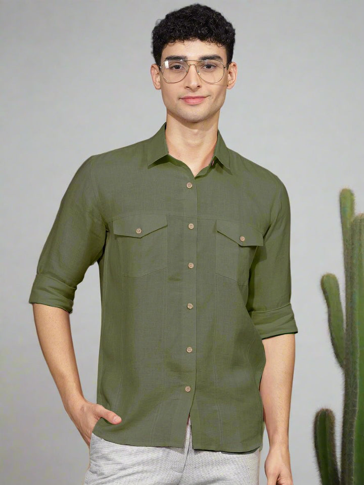 Thomas - Pure Linen Double Pocket Full Sleeve Shirt - Olive Green