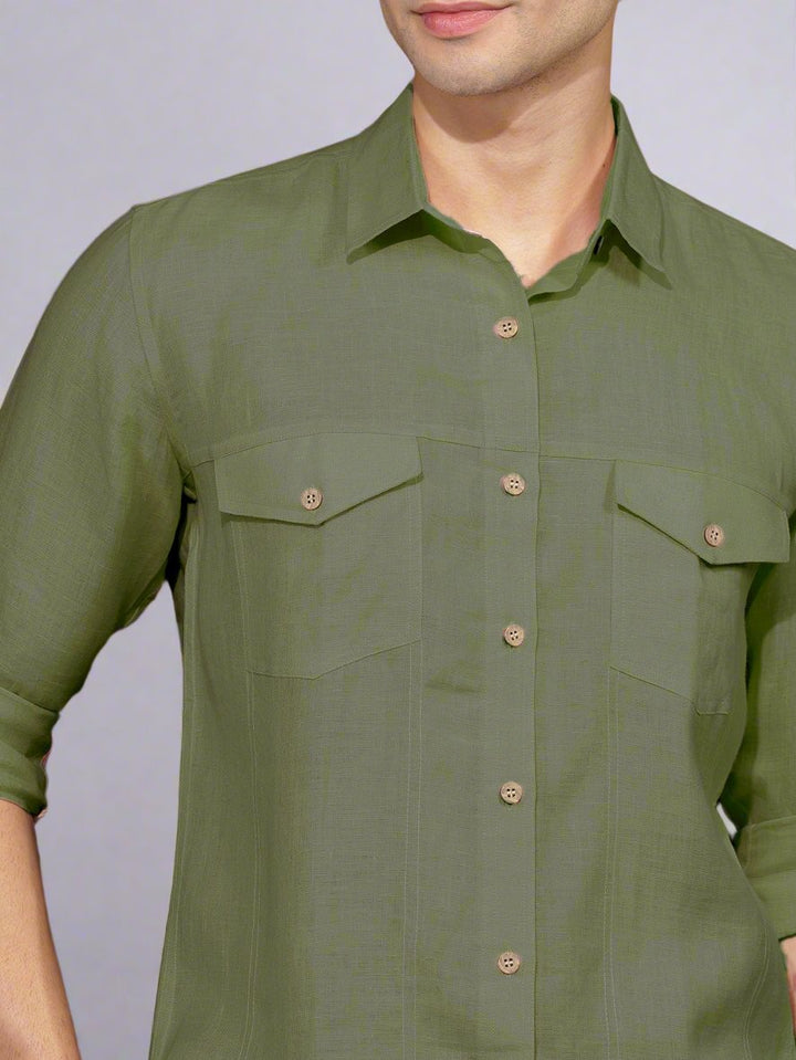 Thomas - Pure Linen Double Pocket Full Sleeve Shirt - Olive Green