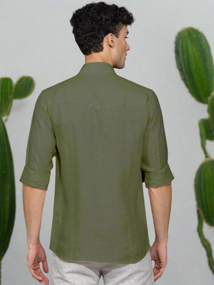 Thomas - Pure Linen Double Pocket Full Sleeve Shirt - Olive Green