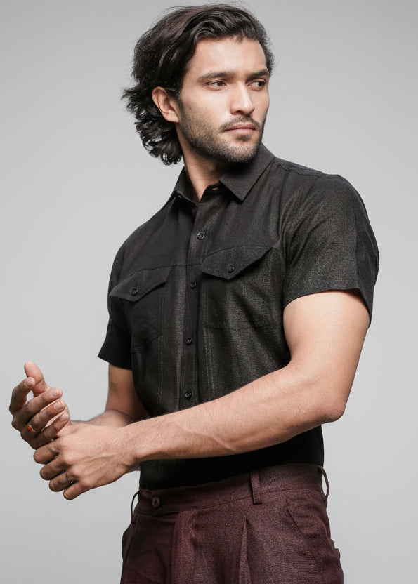 Thomas - Pure Linen Double Pocket Short Sleeve Shirt - Black