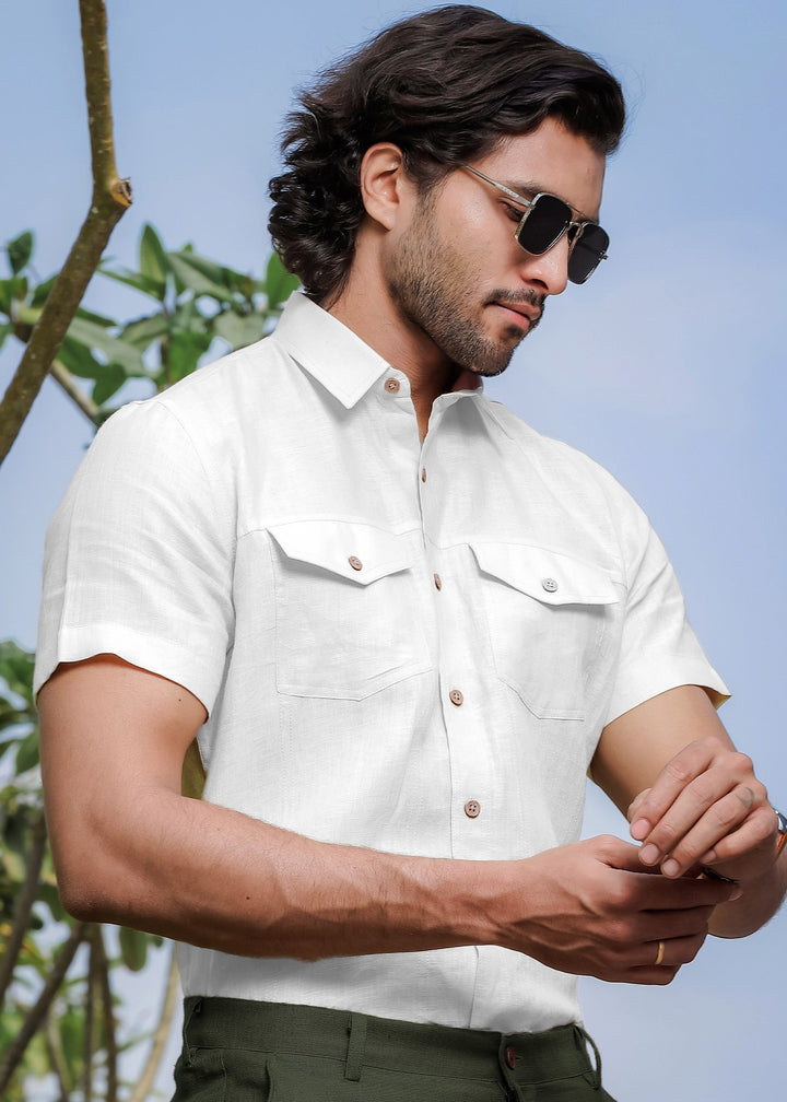 Thomas - Pure Linen Double Pocket Short Sleeve Shirt - White