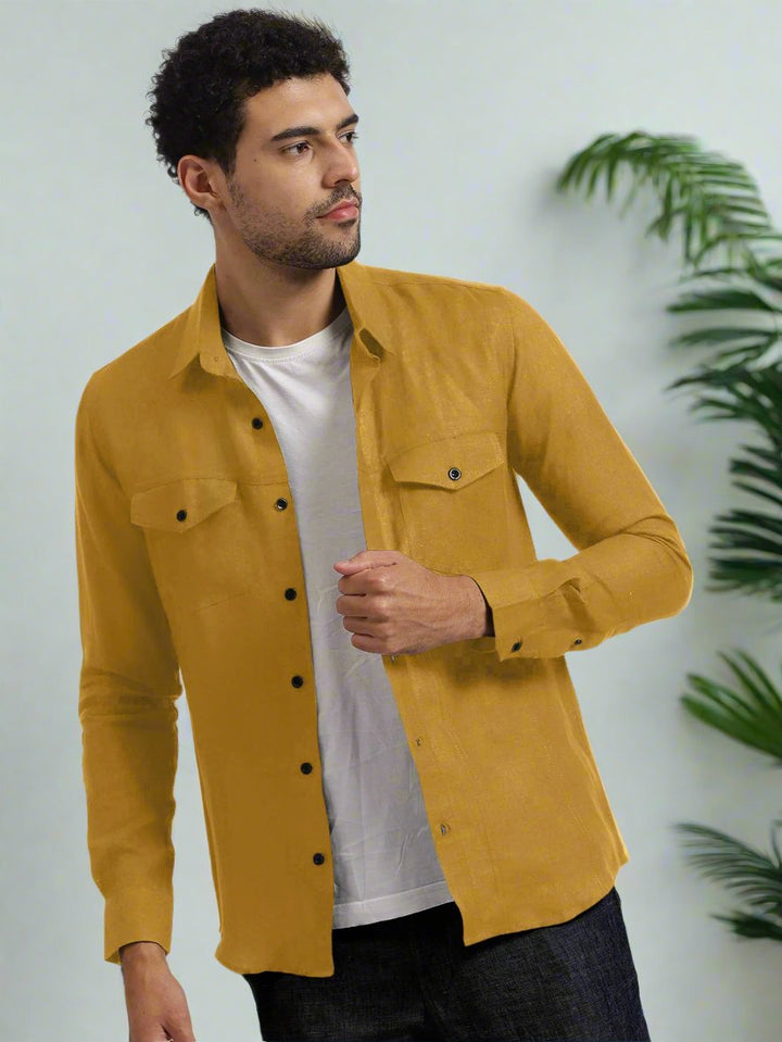 Thomas - Men's Pure Linen Double Pocket Full Sleeve Shirt - Spicy Mustard