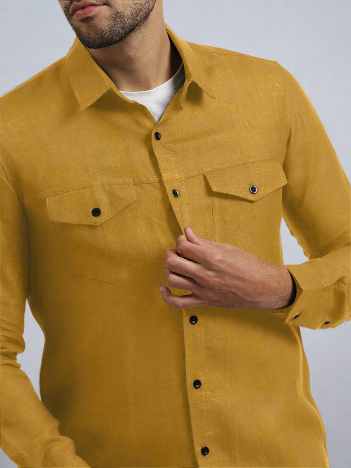 Thomas - Men's Pure Linen Double Pocket Full Sleeve Shirt - Spicy Mustard