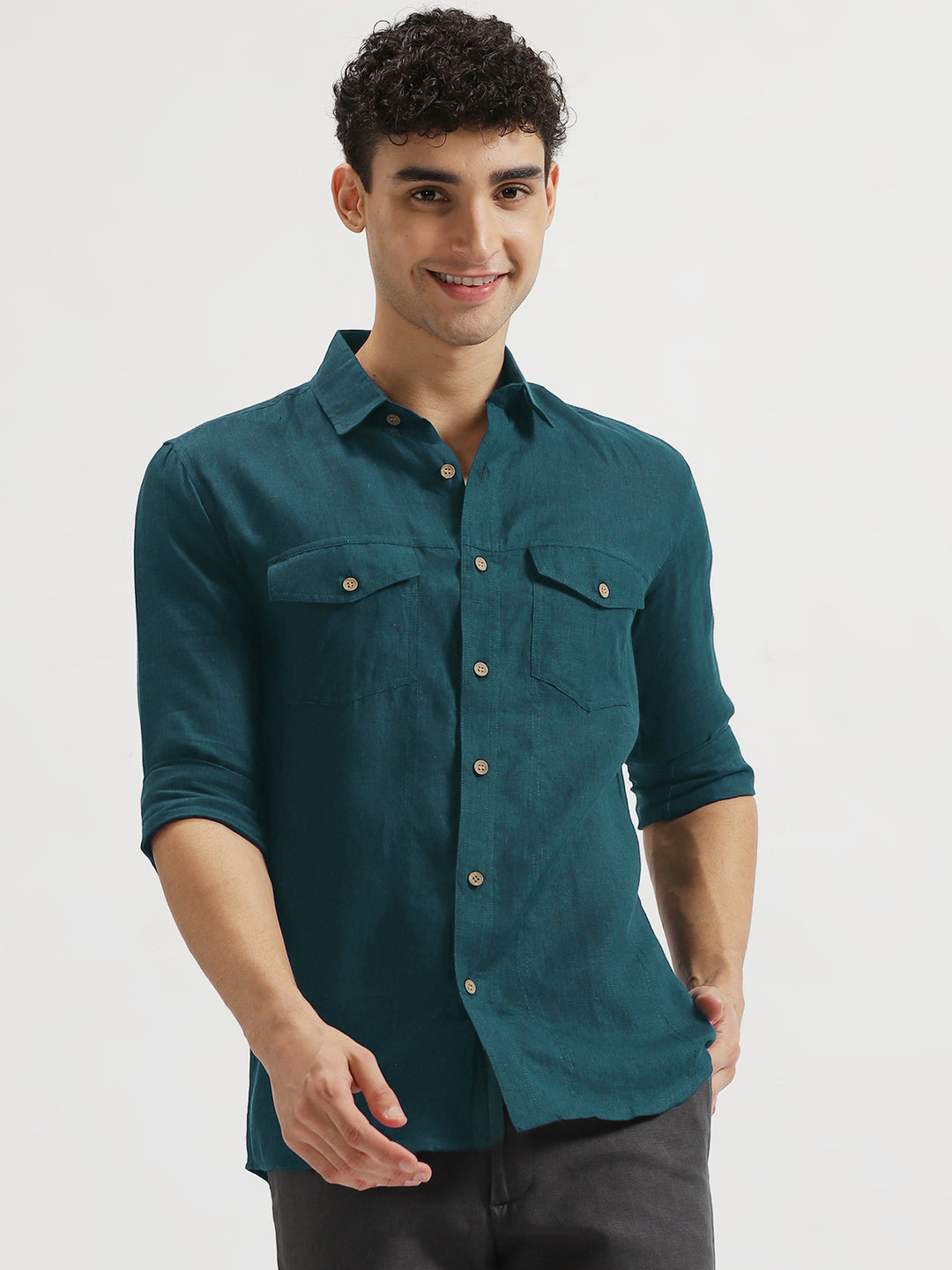Thomas - Pure Linen Double Pocket Full Sleeve Shirt - Midnight Blue