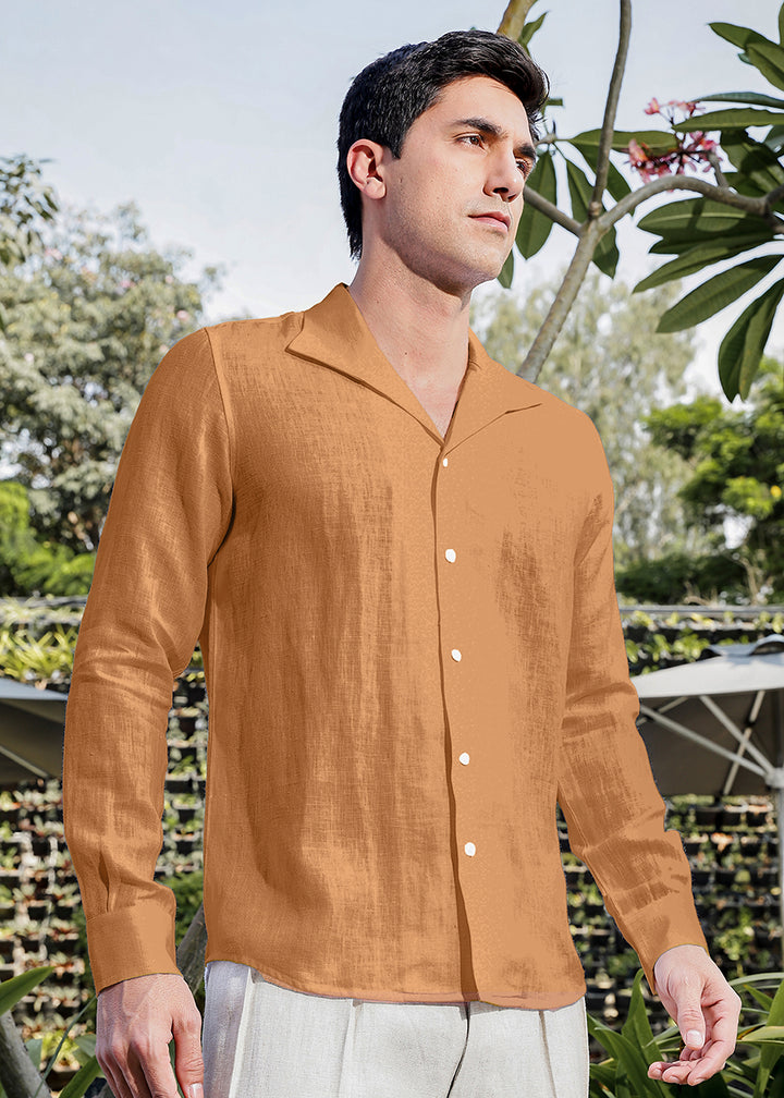 Tom 100% Pure Linen Shirt in Mustard Brown with Continental Collar crafted in 60 LEA