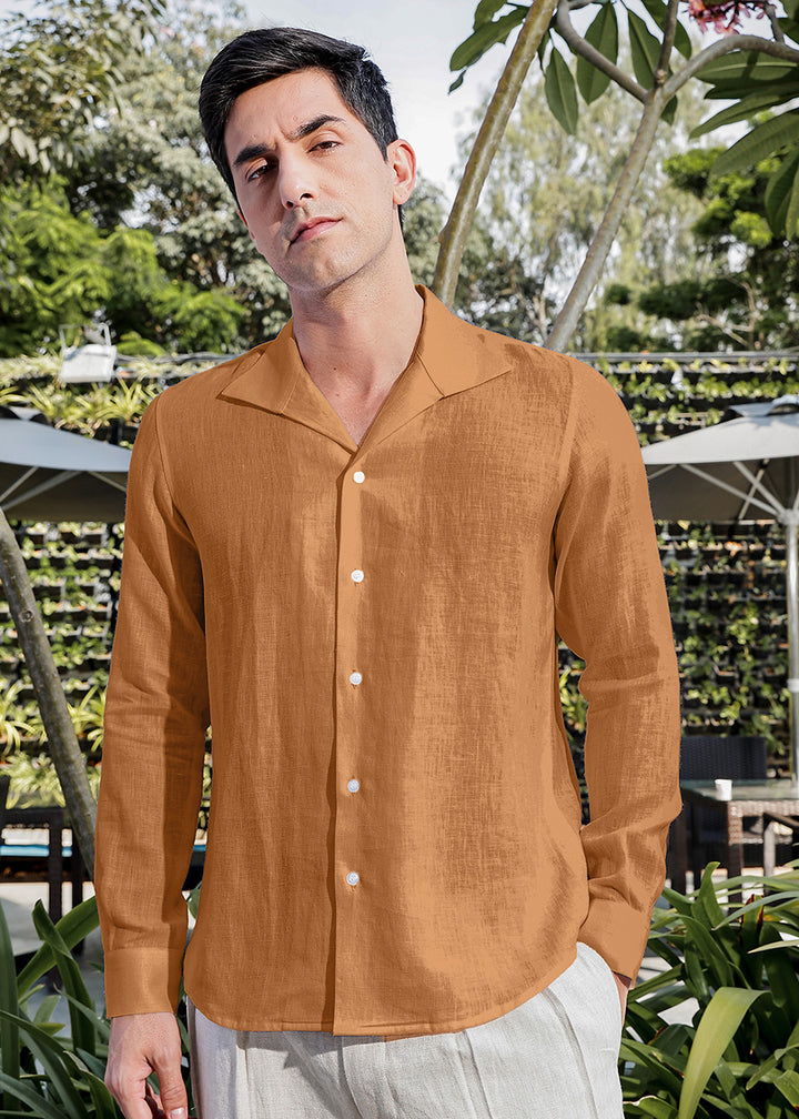 Tom 100% Pure Linen Shirt in Mustard Brown with Continental Collar crafted in 60 LEA
