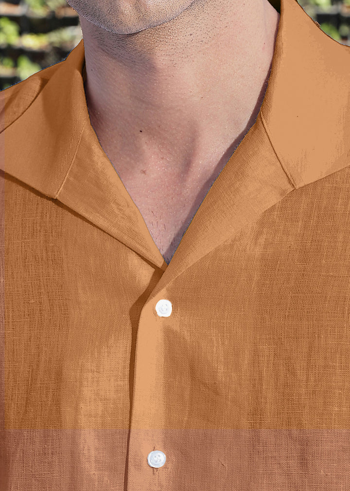 Tom 100% Pure Linen Shirt in Mustard Brown with Continental Collar crafted in 60 LEA