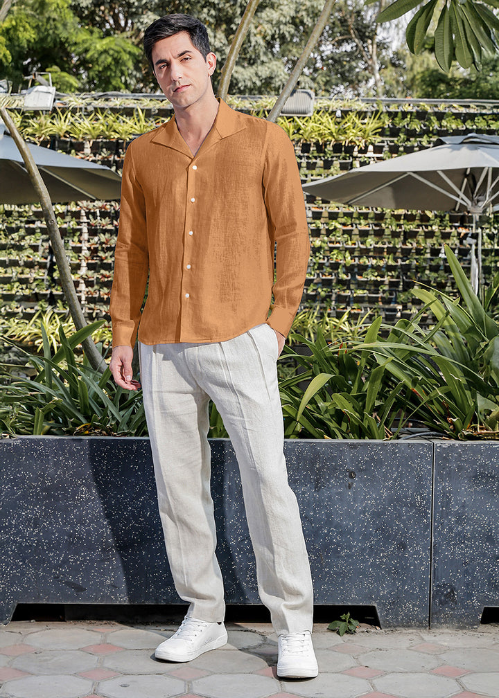Tom 100% Pure Linen Shirt in Mustard Brown with Continental Collar crafted in 60 LEA