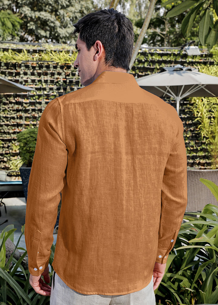 Tom 100% Pure Linen Shirt in Mustard Brown with Continental Collar crafted in 60 LEA