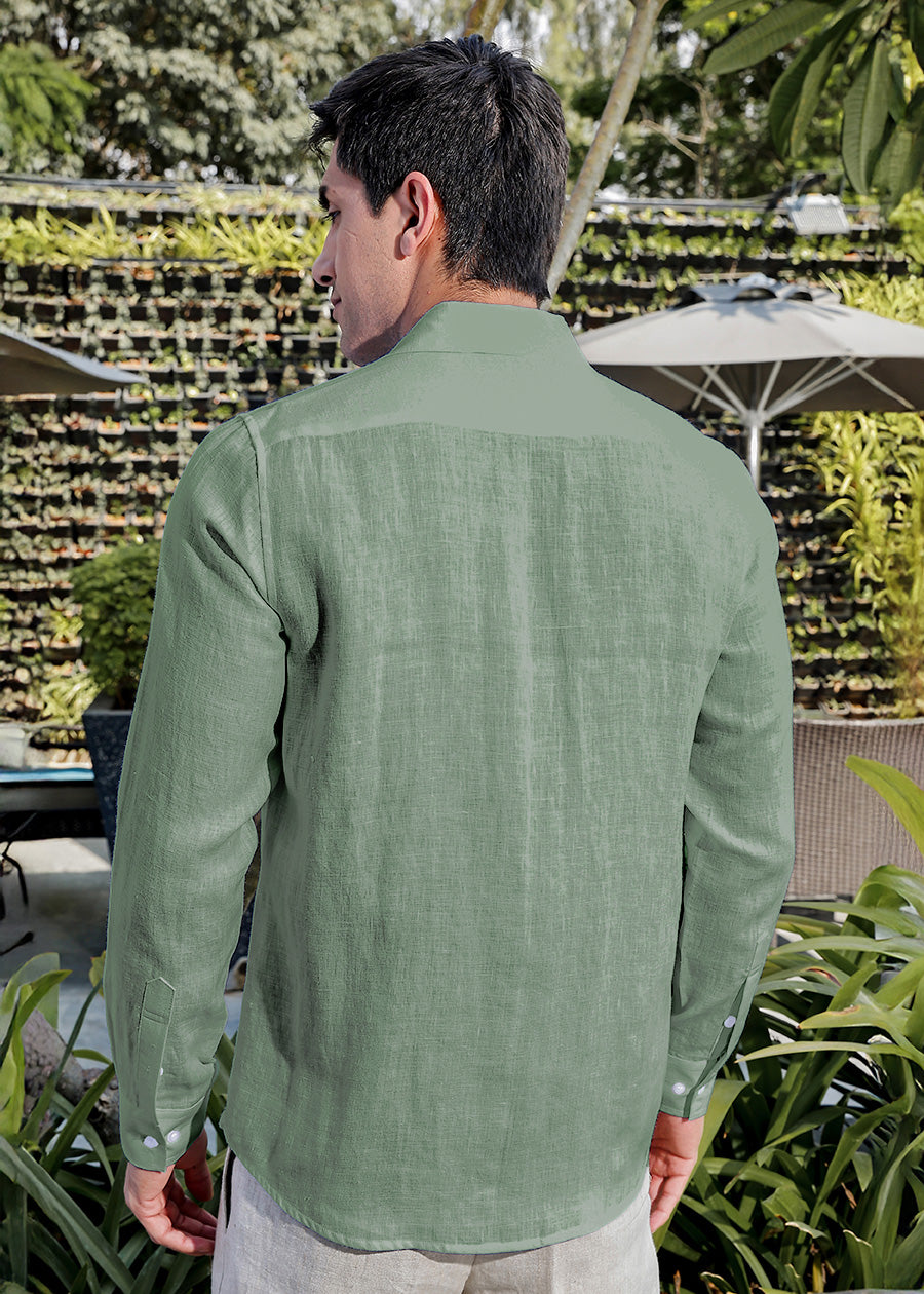 Tom 100% Pure Linen Formal Shirt in Spring Green with Continental Collar crafted in 60 LEA