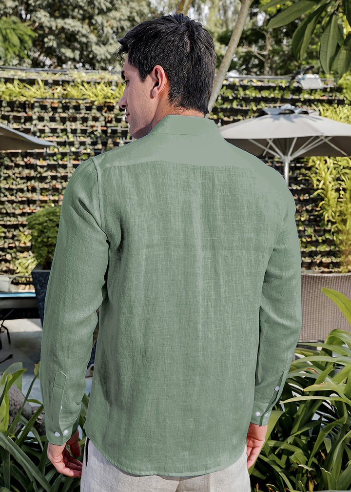 Tom 100% Pure Linen Formal Shirt in Spring Green with Continental Collar crafted in 60 LEA