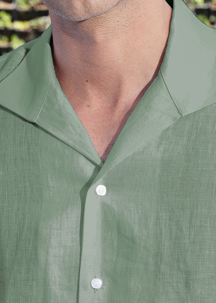 Tom 100% Pure Linen Formal Shirt in Spring Green with Continental Collar crafted in 60 LEA