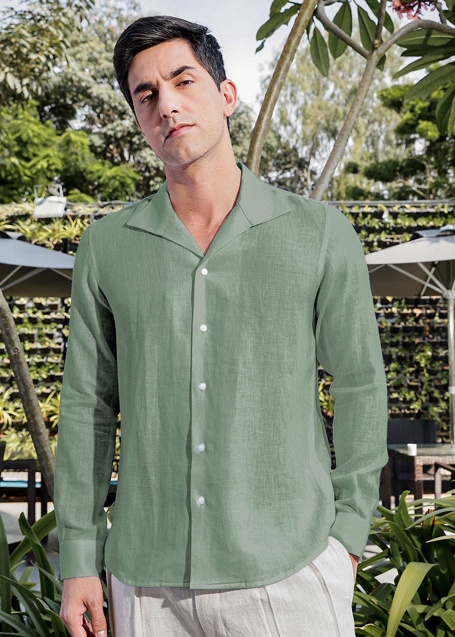 Tom 100% Pure Linen Formal Shirt in Spring Green with Continental Collar crafted in 60 LEA