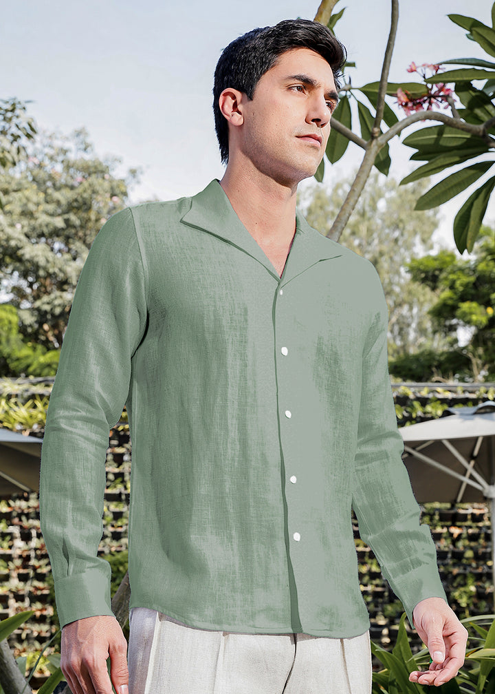 Tom 100% Pure Linen Formal Shirt in Spring Green with Continental Collar crafted in 60 LEA
