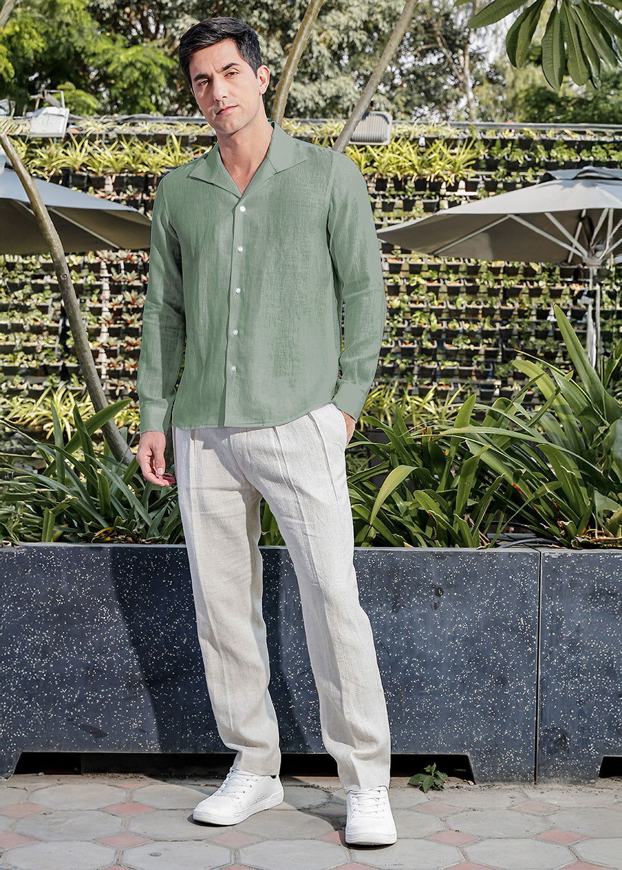 Tom 100% Pure Linen Formal Shirt in Spring Green with Continental Collar crafted in 60 LEA