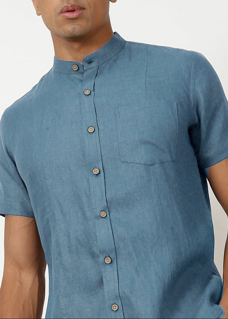 Trevor - Pure Linen Mandarin Collar Half Sleeve Shirt - Blue Grey
