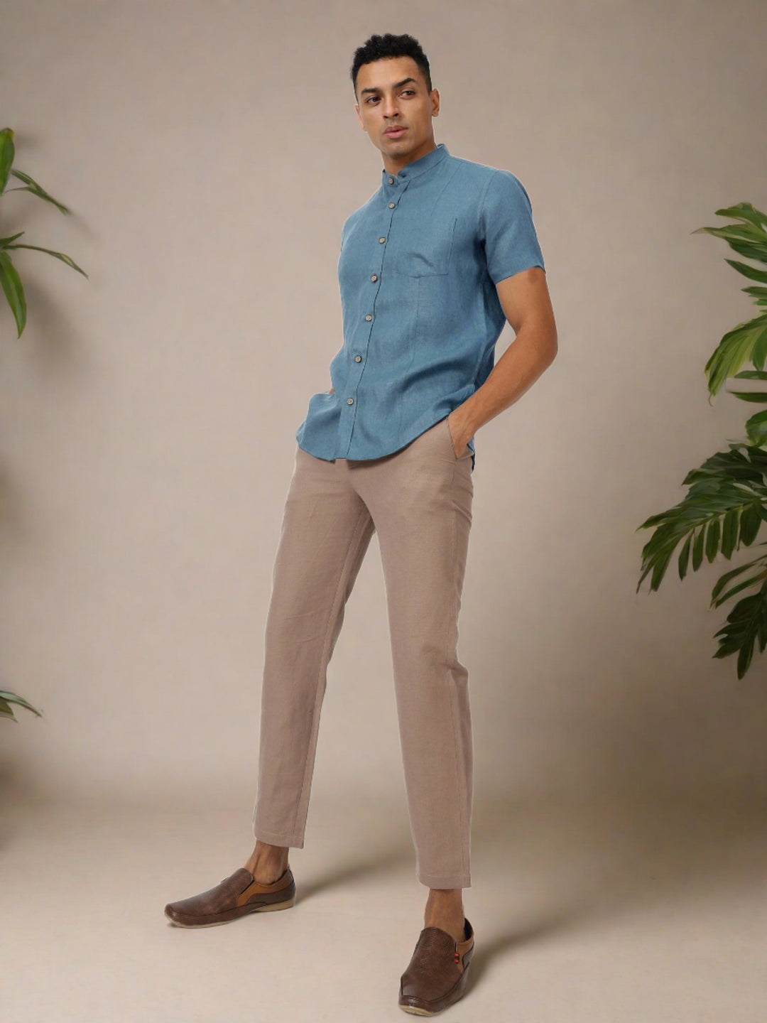 Trevor - Pure Linen Mandarin Collar Half Sleeve Shirt - Blue Grey