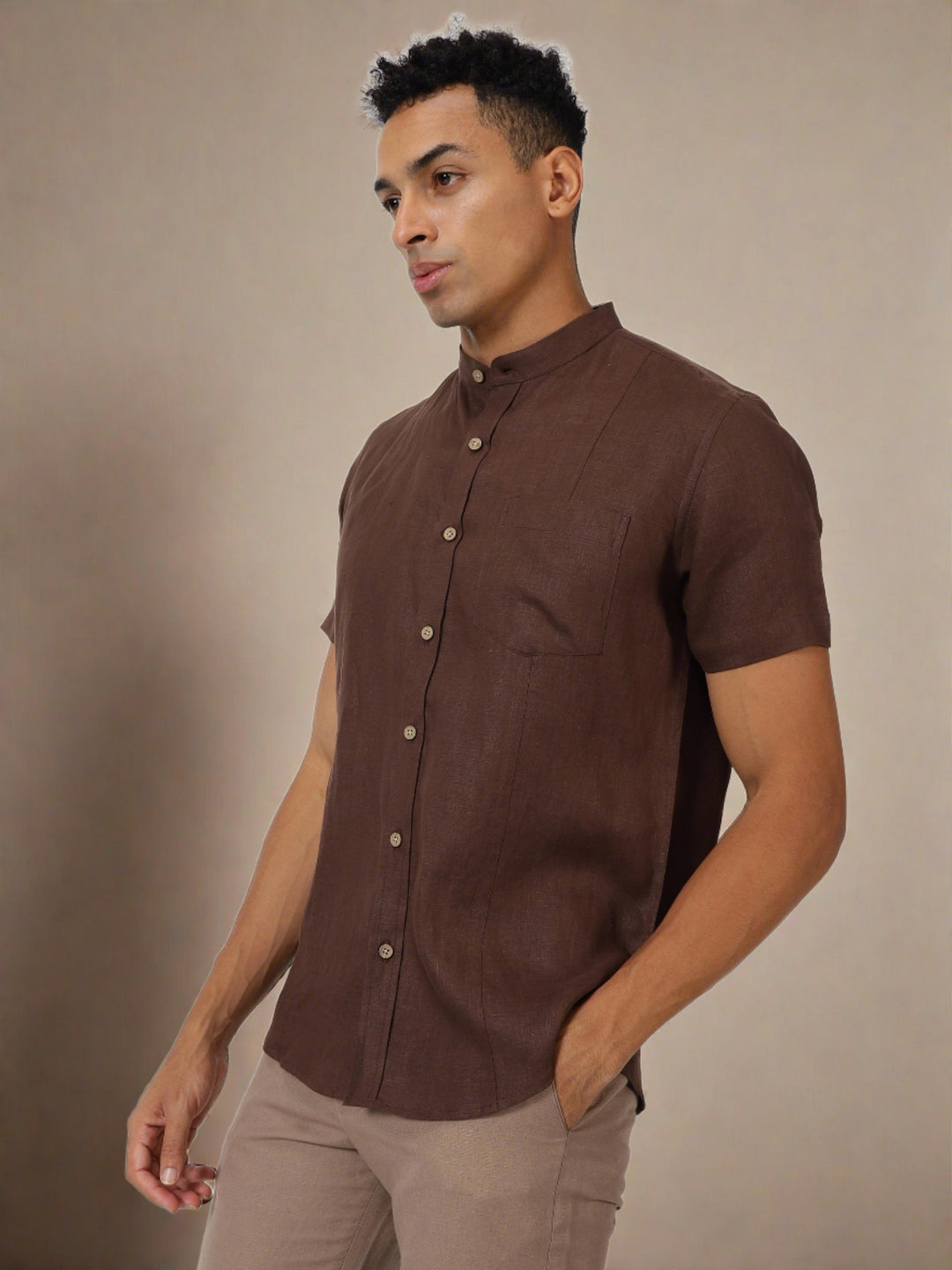 Greyish brown mandarin collar shirt by UNTUNG