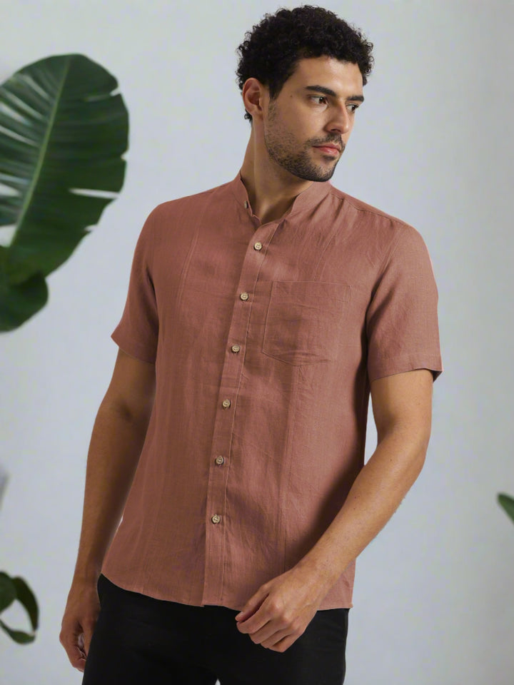 Trevor - Pure Linen Mandarin Collar Half Sleeve Shirt - Fondue Pink