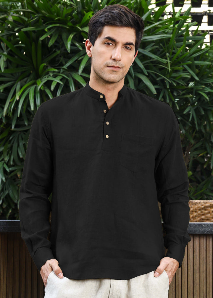 Trevor - Half Placket Pure Linen Full Sleeve Shirt - Black