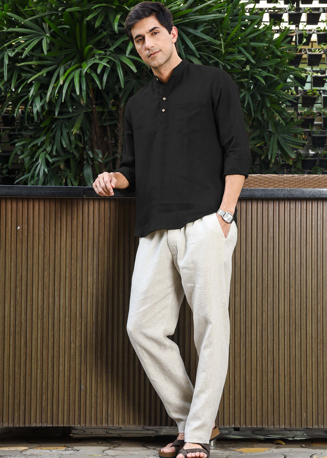 Trevor - Half Placket Pure Linen Full Sleeve Shirt - Black