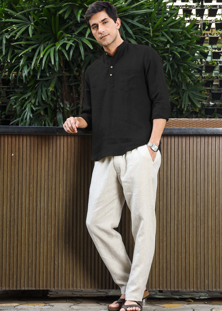 Trevor - Half Placket Pure Linen Full Sleeve Shirt - Black