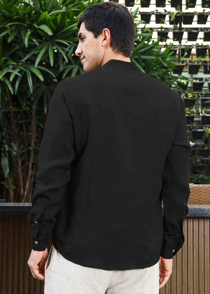 Trevor - Half Placket Pure Linen Full Sleeve Shirt - Black