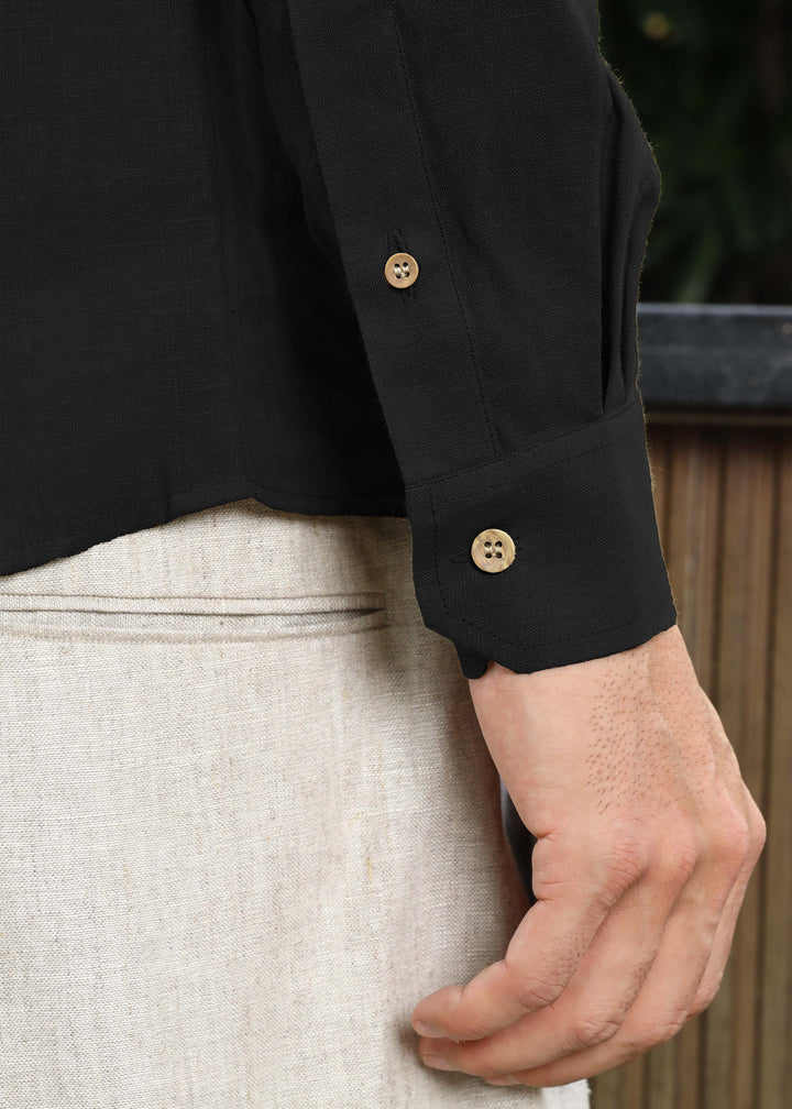 Trevor - Half Placket Pure Linen Full Sleeve Shirt - Black