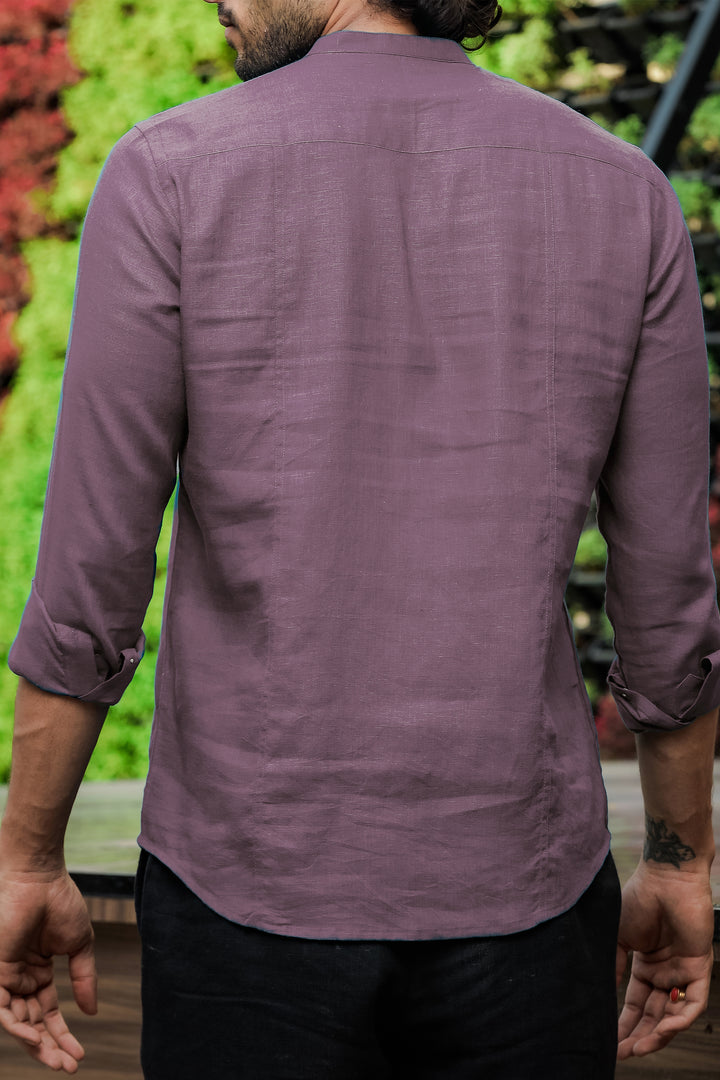 Trevor - Half Placket Pure Linen Full Sleeve Shirt - Berry Purple