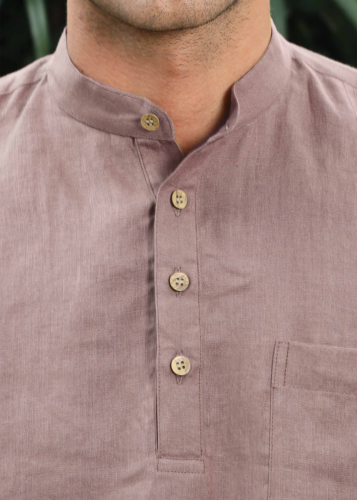 Trevor - Half Placket Pure Linen Full Sleeve Shirt - Toasted Brown