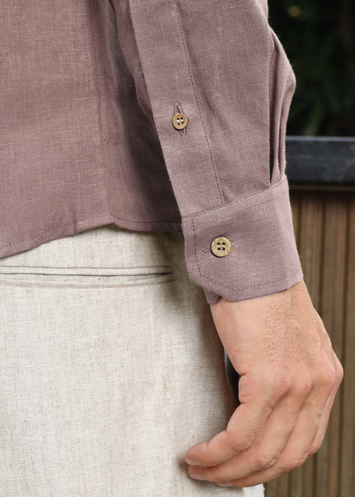 Trevor - Half Placket Pure Linen Full Sleeve Shirt - Toasted Brown