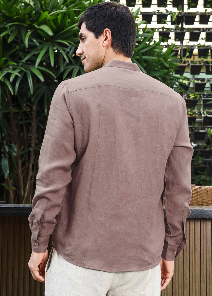 Trevor - Half Placket Pure Linen Full Sleeve Shirt - Toasted Brown