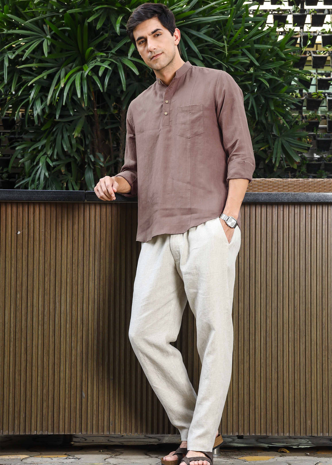 Trevor - Half Placket Pure Linen Full Sleeve Shirt - Toasted Brown