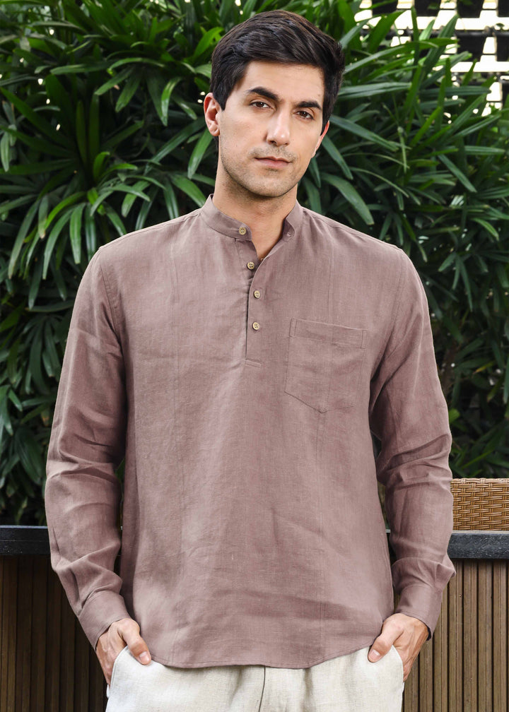 Trevor - Half Placket Pure Linen Full Sleeve Shirt - Toasted Brown