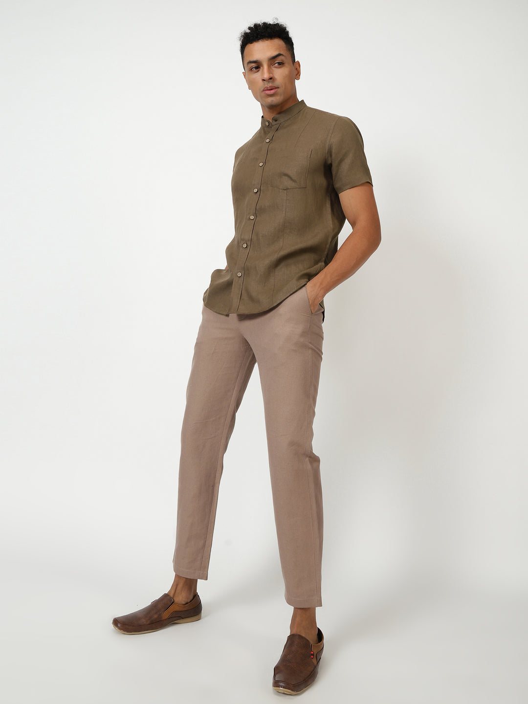 Trevor - Pure Linen Mandarin Collar Half Sleeve Shirt - Hazelnut Brown