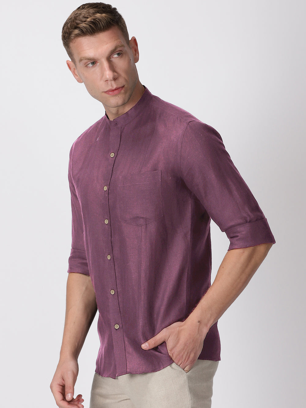 Trevor - Pure Linen Mandarin Collar Full Sleeve Shirt - Twilight Purple