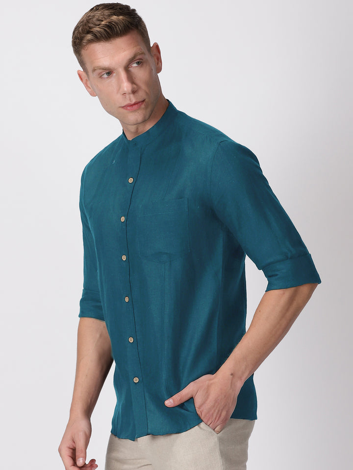 Trevor - Pure Linen Mandarin Collar Full Sleeve Shirt - Peacock Blue