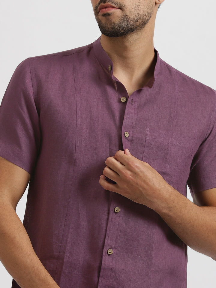 Trevor - Pure Linen Mandarin Collar Half Sleeve Shirt - Twilight Purple