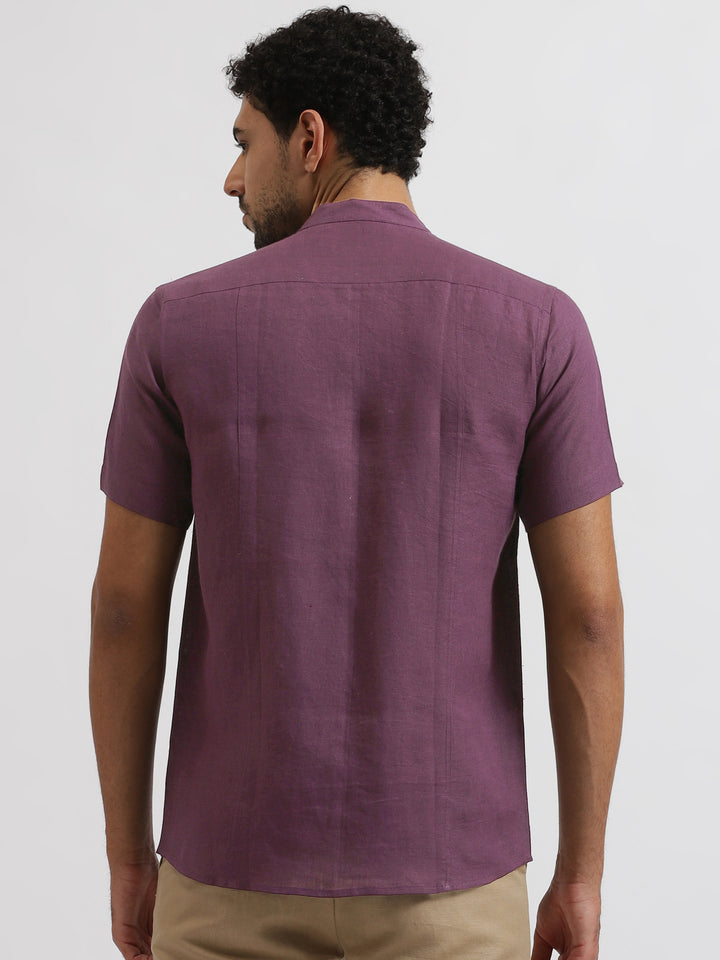 Trevor - Pure Linen Mandarin Collar Half Sleeve Shirt - Twilight Purple